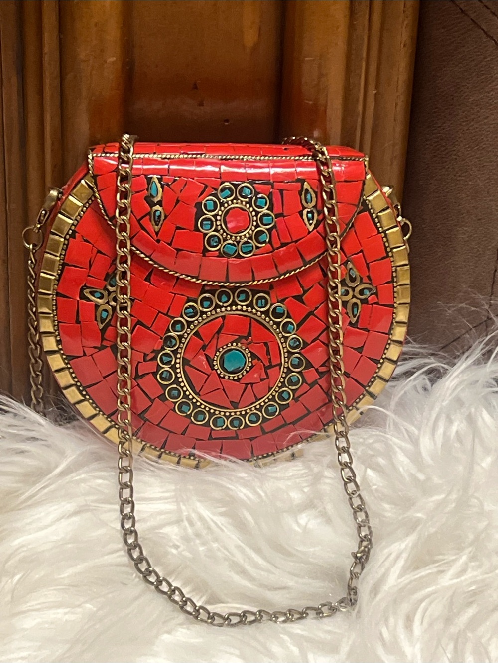 Anthropologie Antik Kraft Red Mosaic Round with Gold Trim crossbody ba